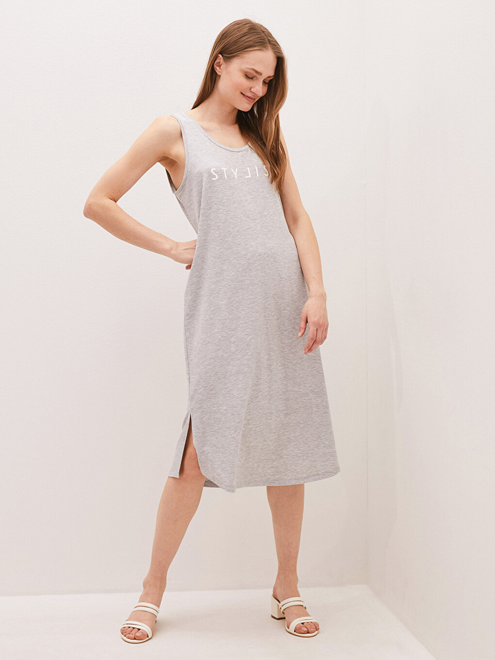 U Neck Strap Letter Printed Women Dress-1