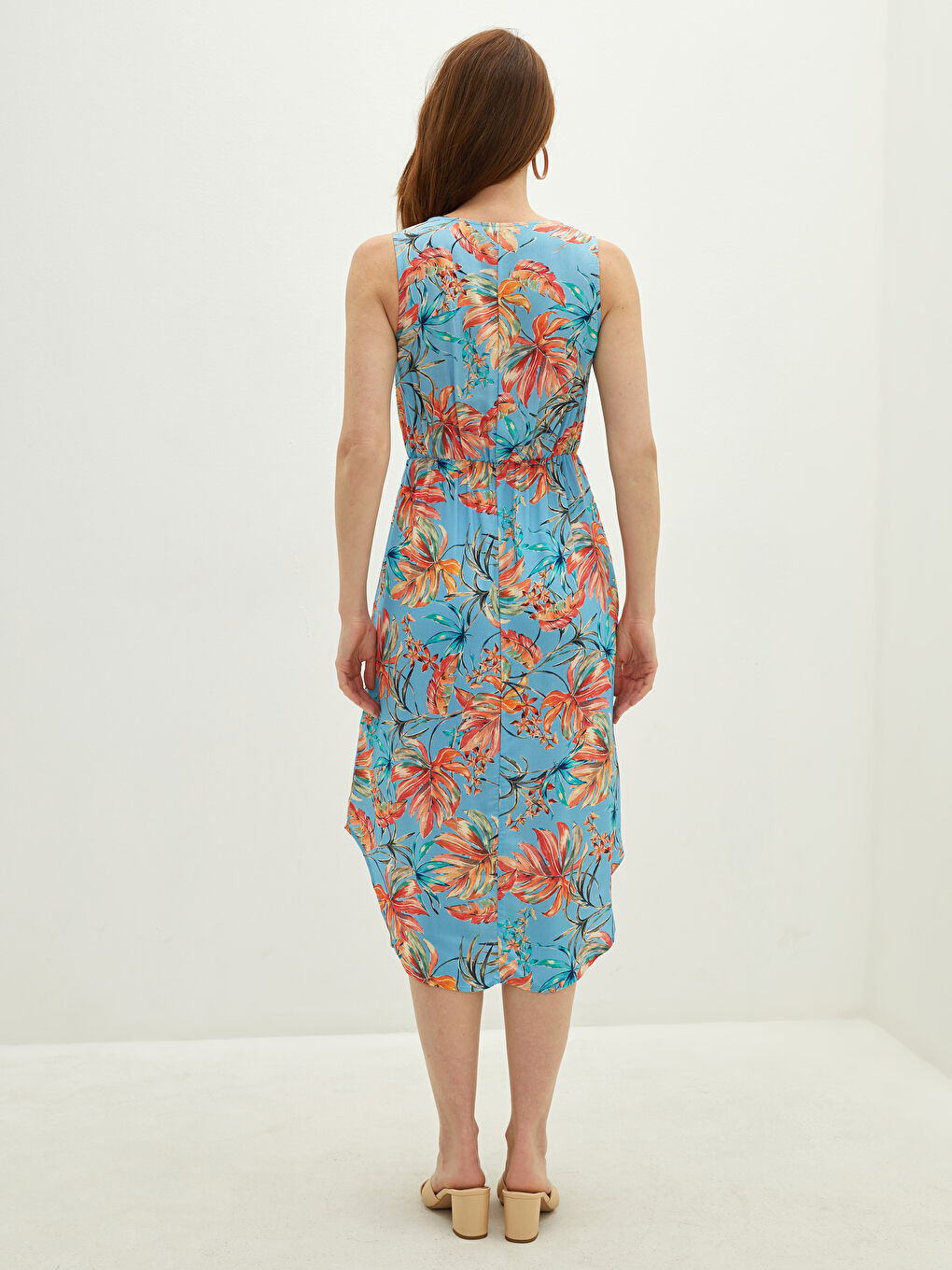 Mavi Bisiklet Yaka Desenli Kolsuz Belden Bağlama Detaylı A Kesim Viskon Kadın Elbise-4