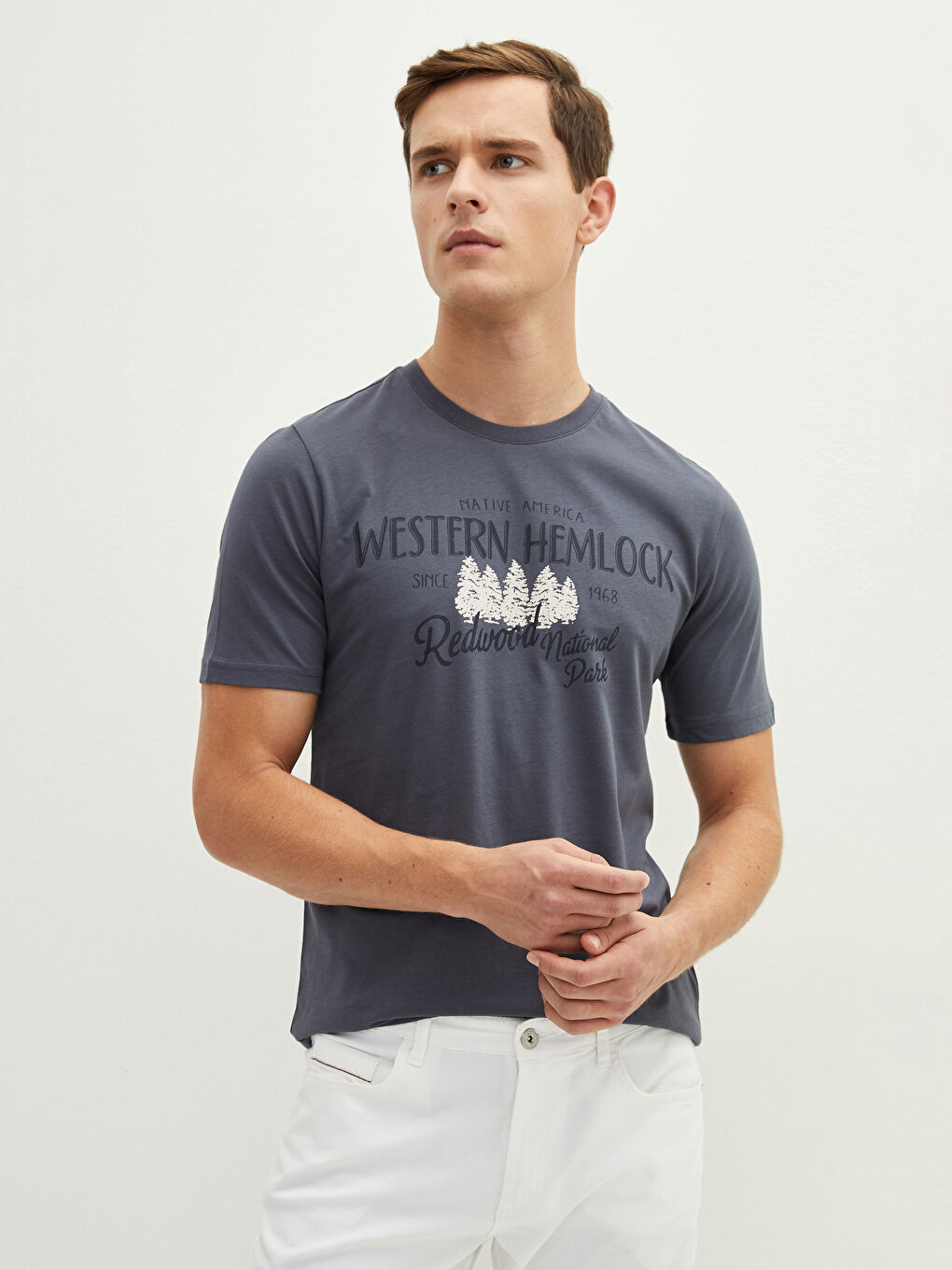 Antrasit Bisiklet Yaka Kısa Kollu Baskılı Penye Erkek Tişört-1