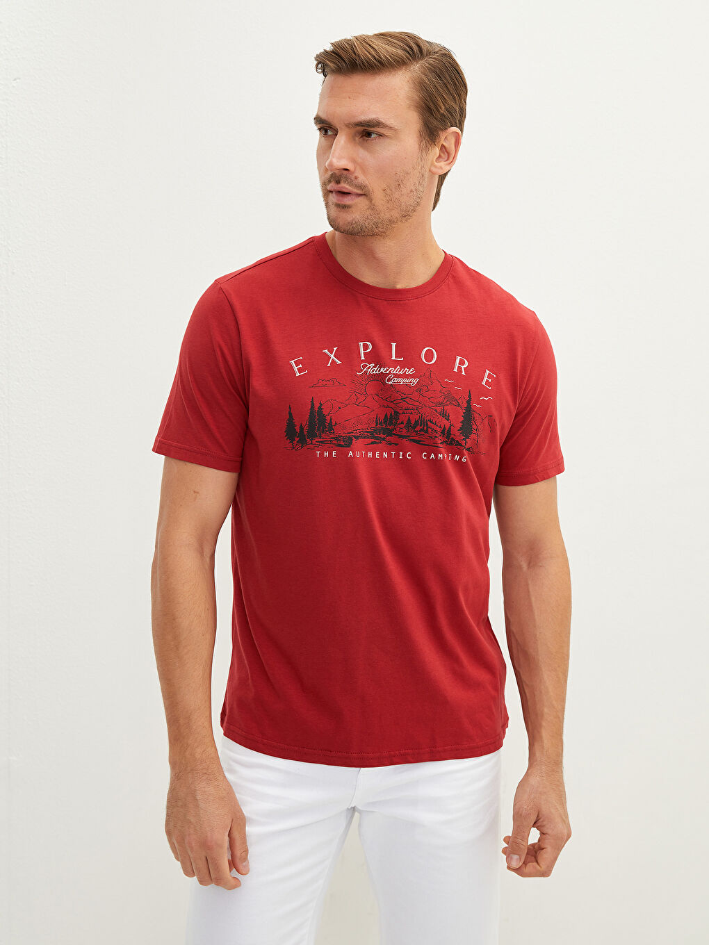 Kırmızı Bisiklet Yaka Kısa Kollu Baskılı Penye Erkek Tişört-1