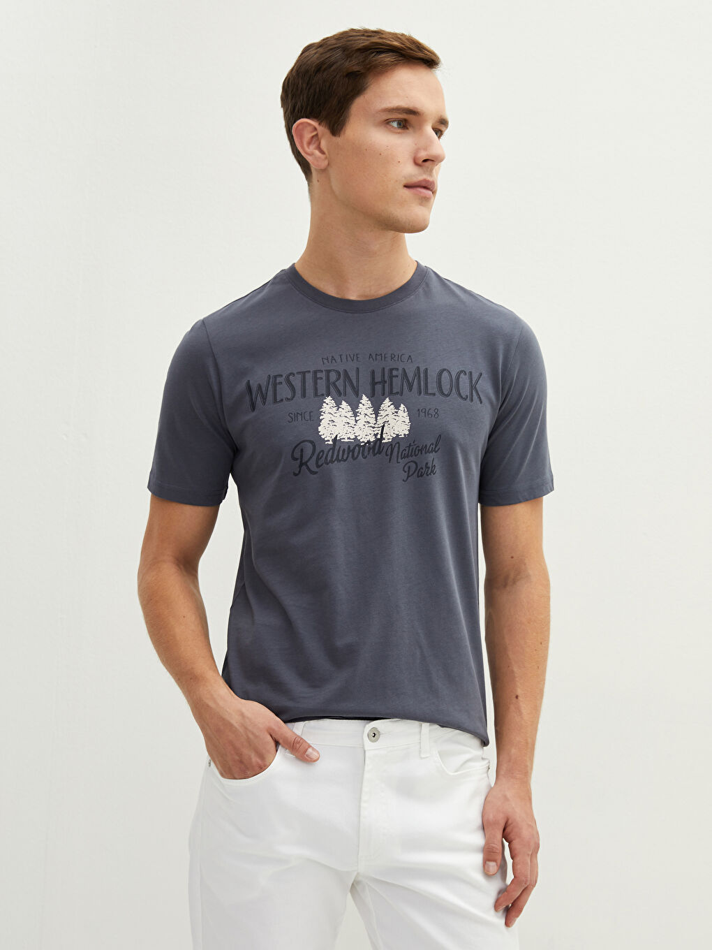 Antrasit Bisiklet Yaka Kısa Kollu Baskılı Penye Erkek Tişört