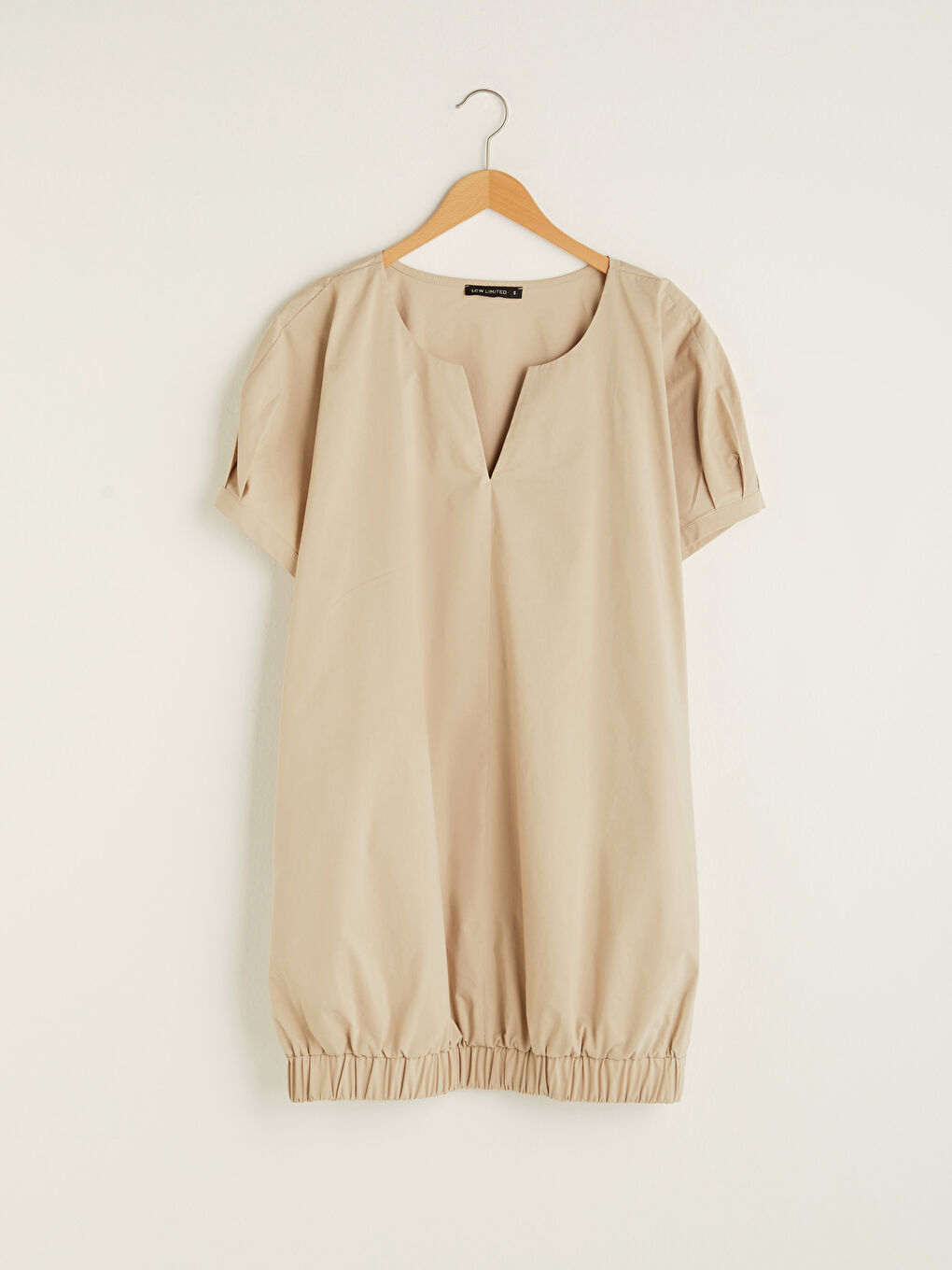 Bej Kaçık Yaka Düz Kısa Kollu Poplin Kadın Elbise-5
