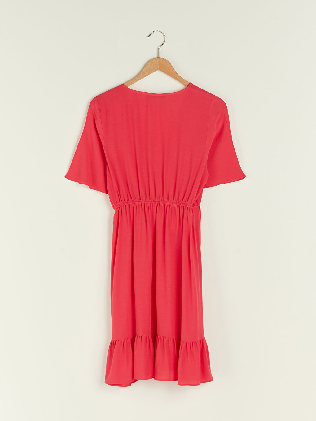 Pembe V Yaka Düz Belden Oturtmalı Kısa Kollu Viskon Kadın Elbise-7