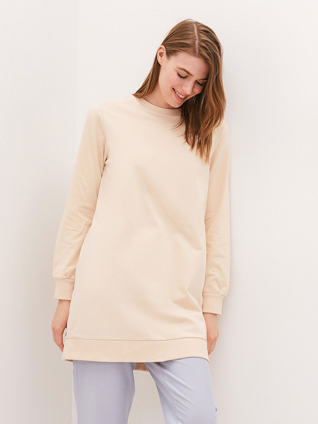 Bej Bisiklet Yaka Düz Uzun Kollu Kadın Tunik-2