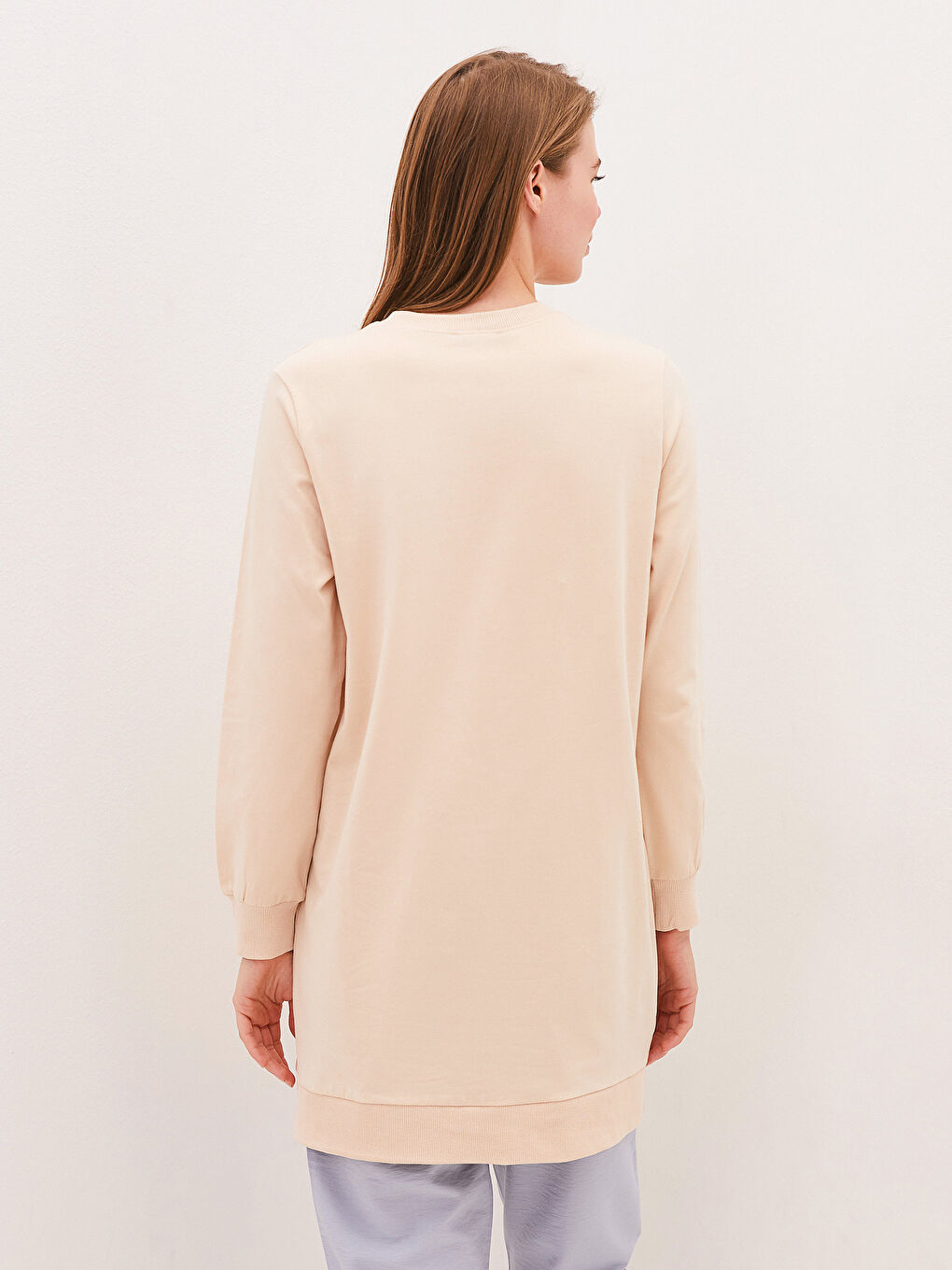 Bej Bisiklet Yaka Düz Uzun Kollu Kadın Tunik-4