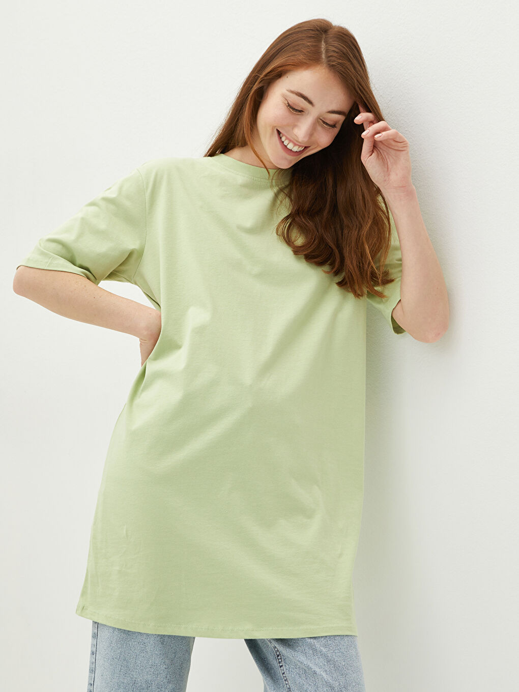 Tunika od pamuka sa okruglim izrezom, ravna, kratki rukav za žene-1