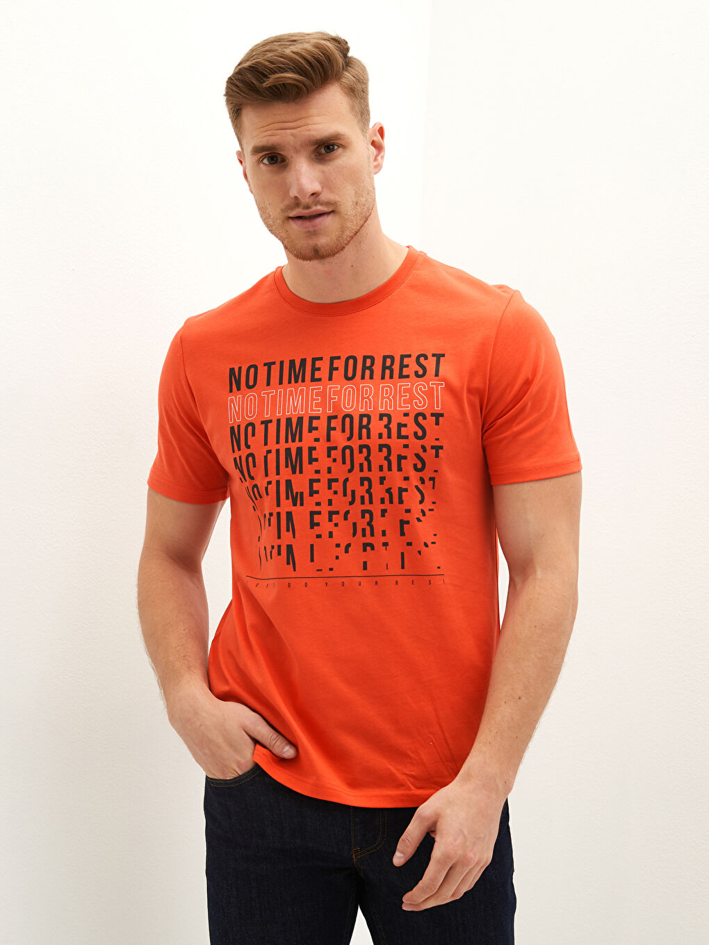 Turuncu Bisiklet Yaka Kısa Kollu Baskılı Penye Erkek Tişört