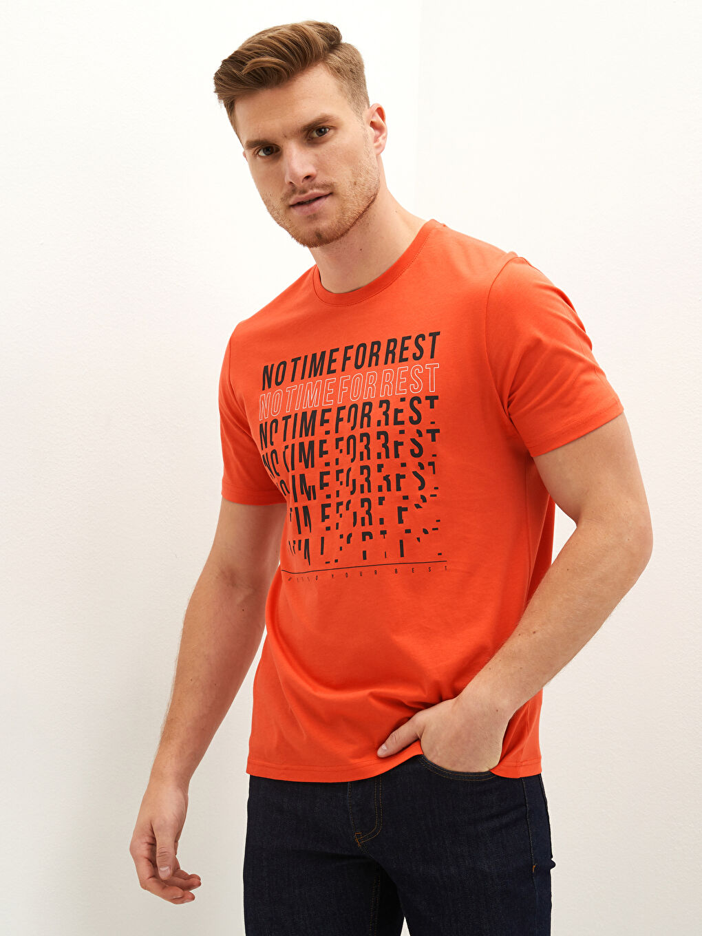 Turuncu Bisiklet Yaka Kısa Kollu Baskılı Penye Erkek Tişört-1