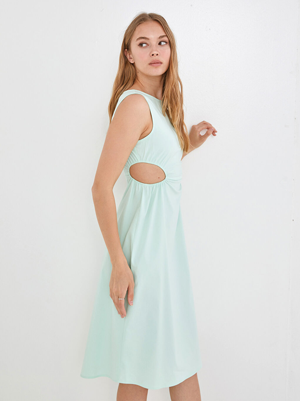 Robe Femme Sans Manches Droite Col Rond en Popeline-5