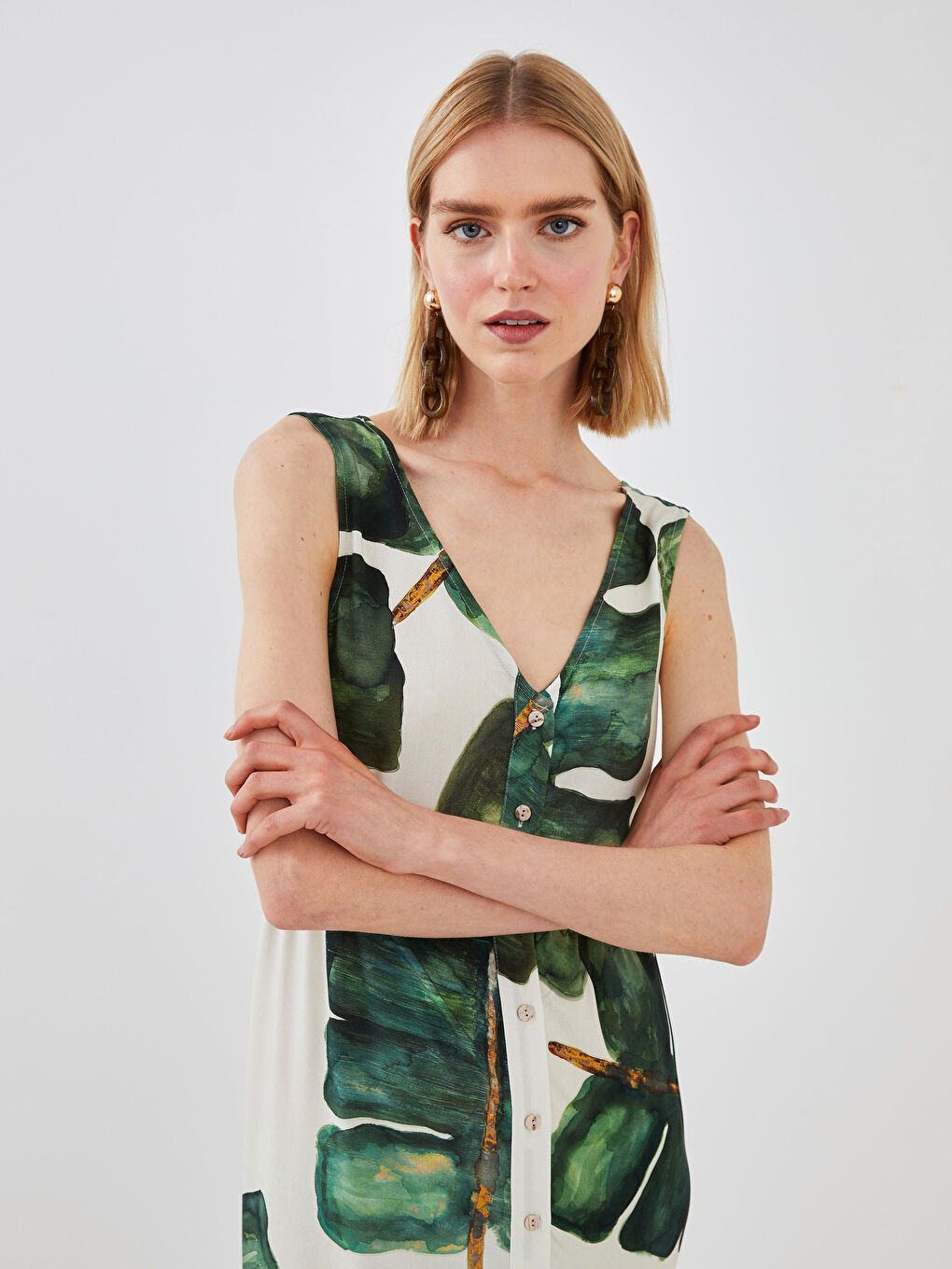 Robe Femme Sans Manches à Motifs en Viscose avec Encolure en V-3