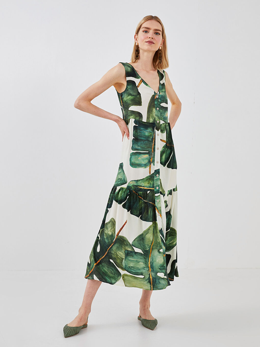 Robe Femme Sans Manches à Motifs en Viscose avec Encolure en V