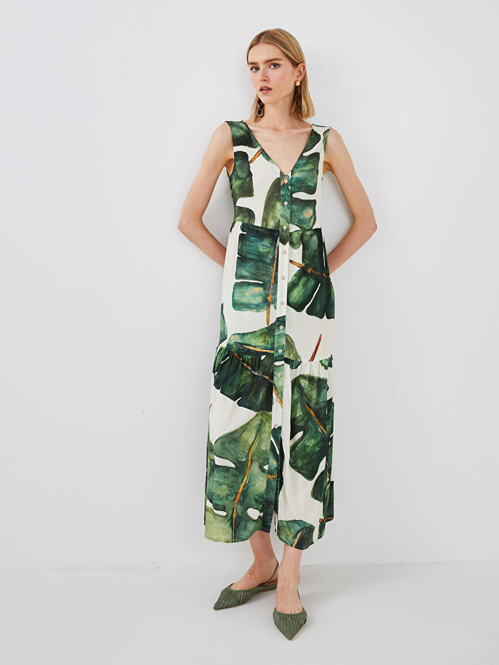 Robe Femme Sans Manches à Motifs en Viscose avec Encolure en V-1