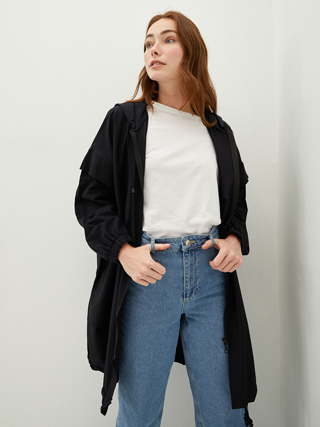 Siyah Kapüşonlu Düz Uzun Kollu Kadın Tunik-1