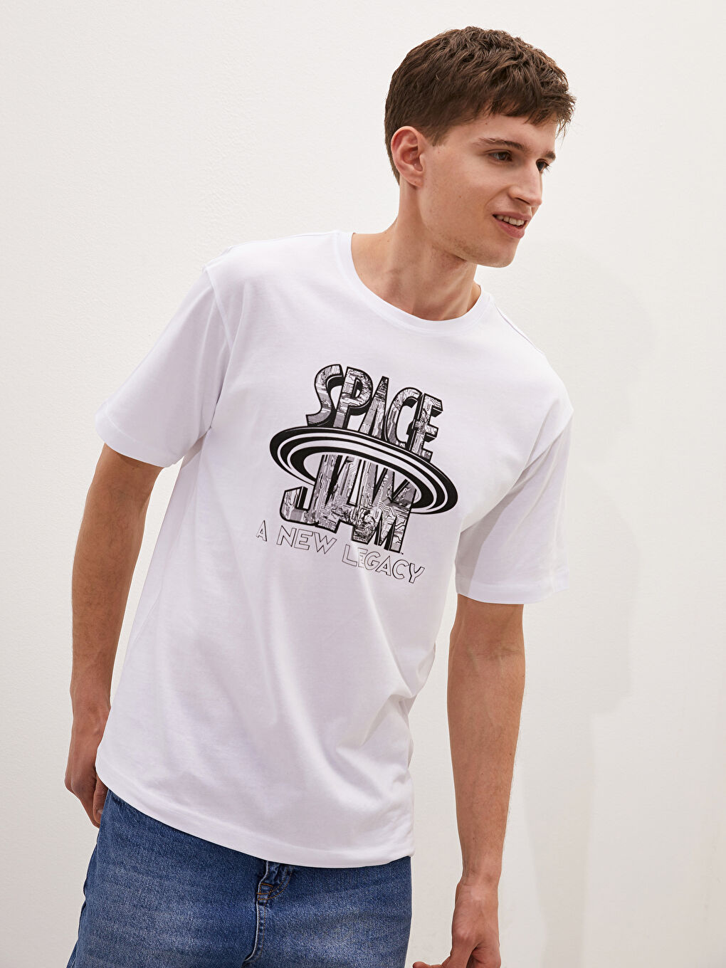 تيشيرت ياقة دائرية كم قصير مطبوع سبيس جام قطن ممشط للرجال-1