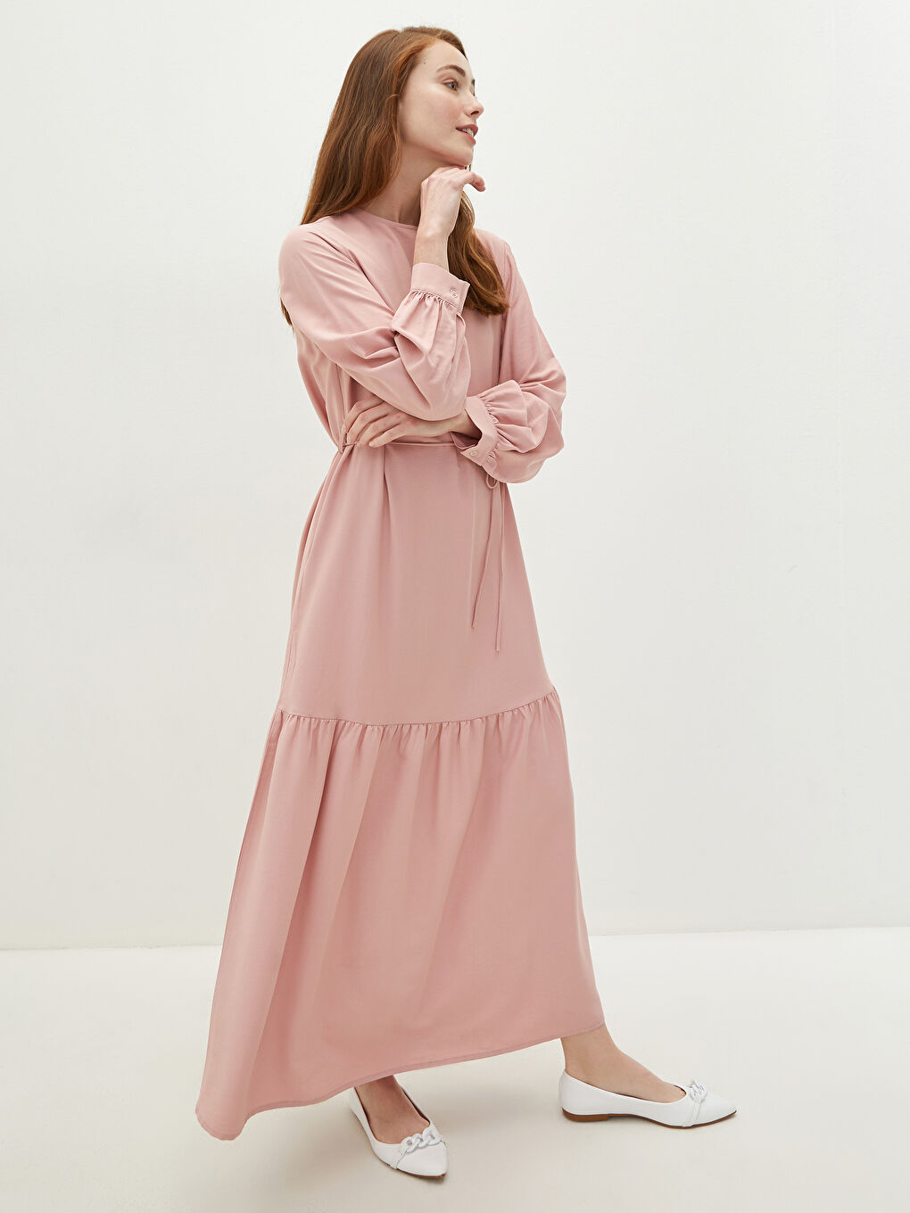 LCW Modest Crew Neck Waist Tied Detailed Long Sleeve Women's Dress -S1IH19Z8-V08