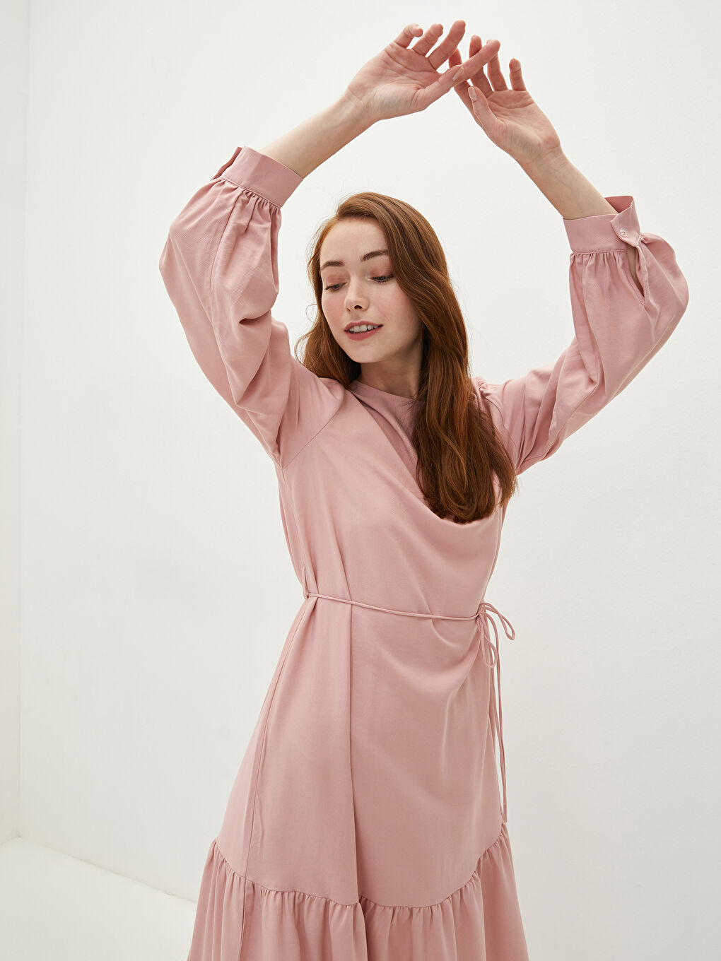 LCW Modest Crew Neck Waist Tied Detailed Long Sleeve Women's Dress -S1IH19Z8-V08