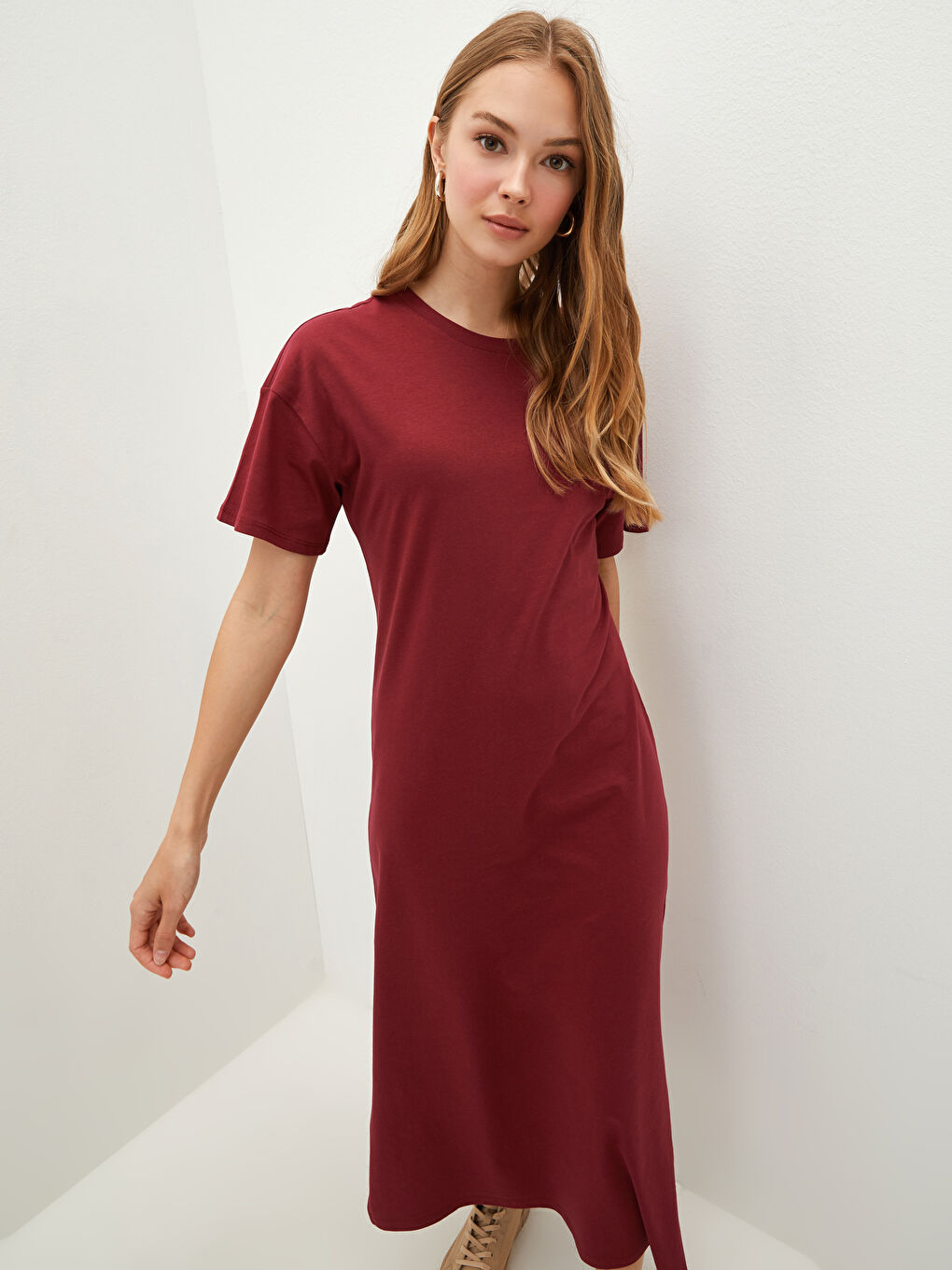 Robe Femme à Col Rond Unie à Manches Courtes-2