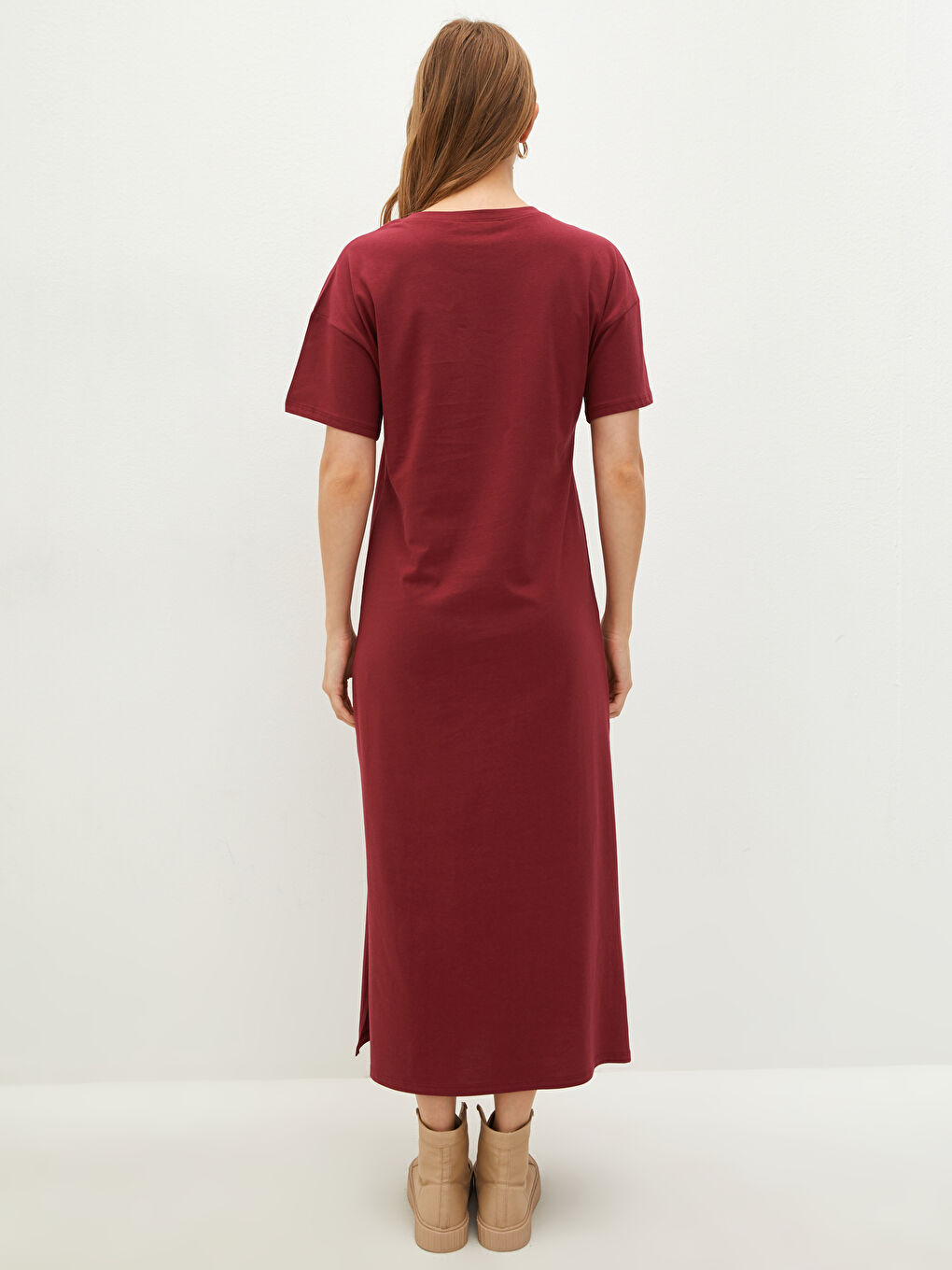 Robe Femme à Col Rond Unie à Manches Courtes-4