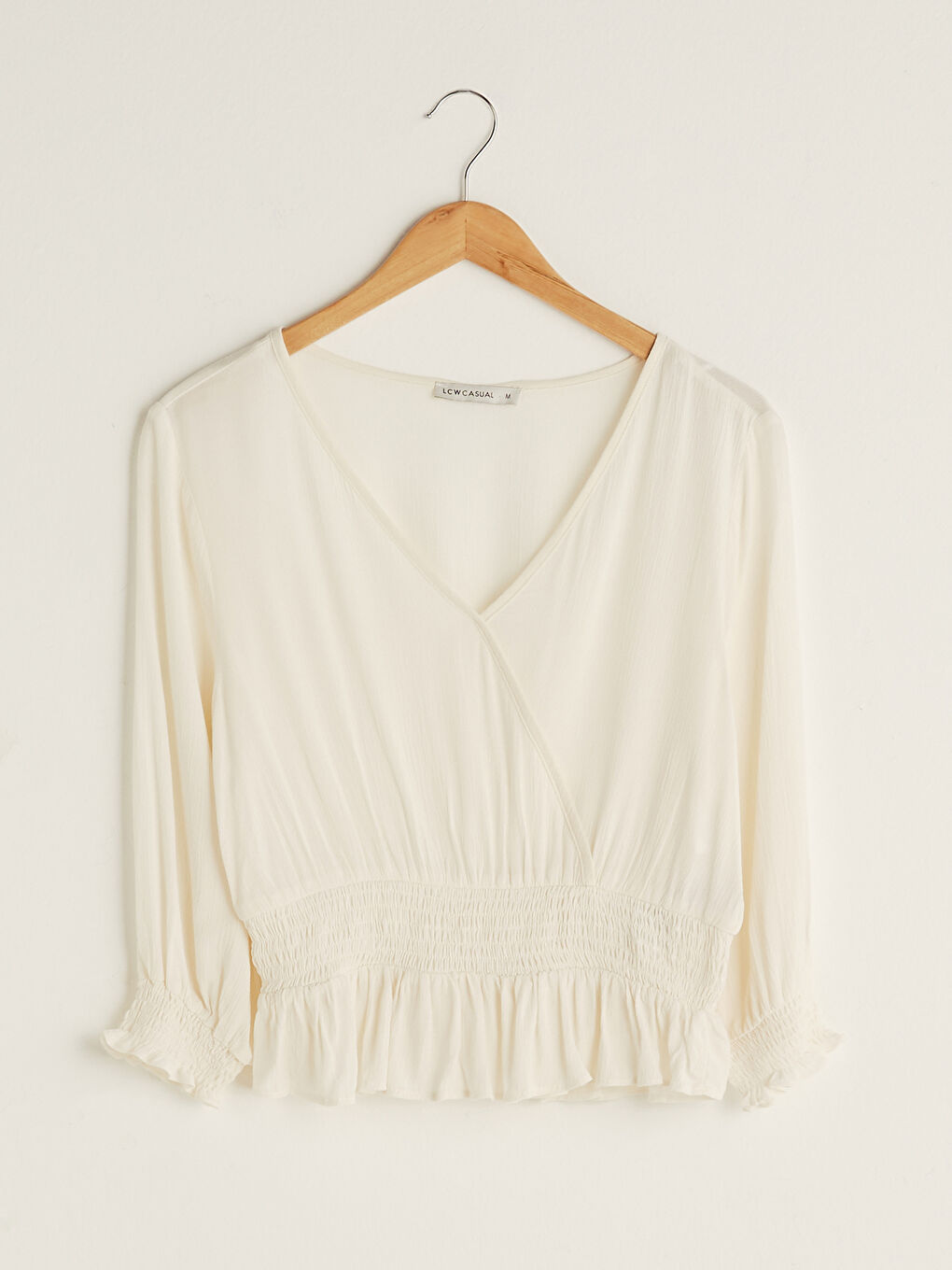 Doppelreihige V-Ausschnitt Gerade Langarm Knitterstoff Frauen Bluse-6