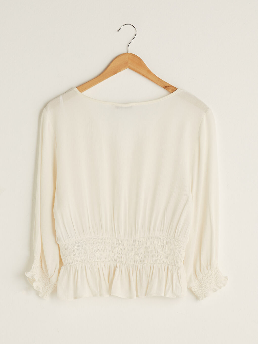 Doppelreihige V-Ausschnitt Gerade Langarm Knitterstoff Frauen Bluse-7