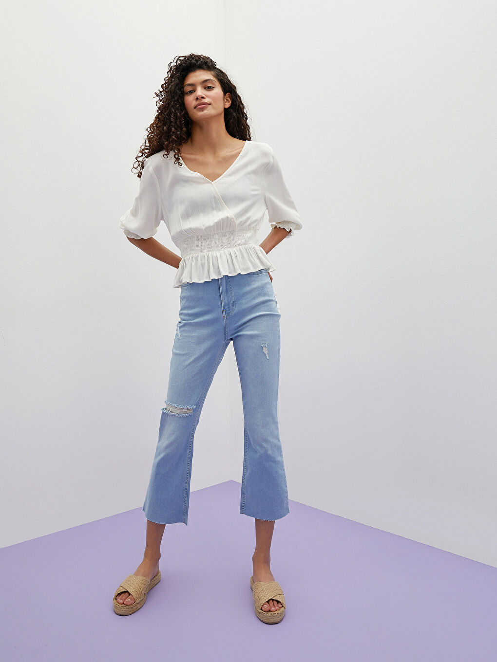 Doppelreihige V-Ausschnitt Gerade Langarm Knitterstoff Frauen Bluse-2