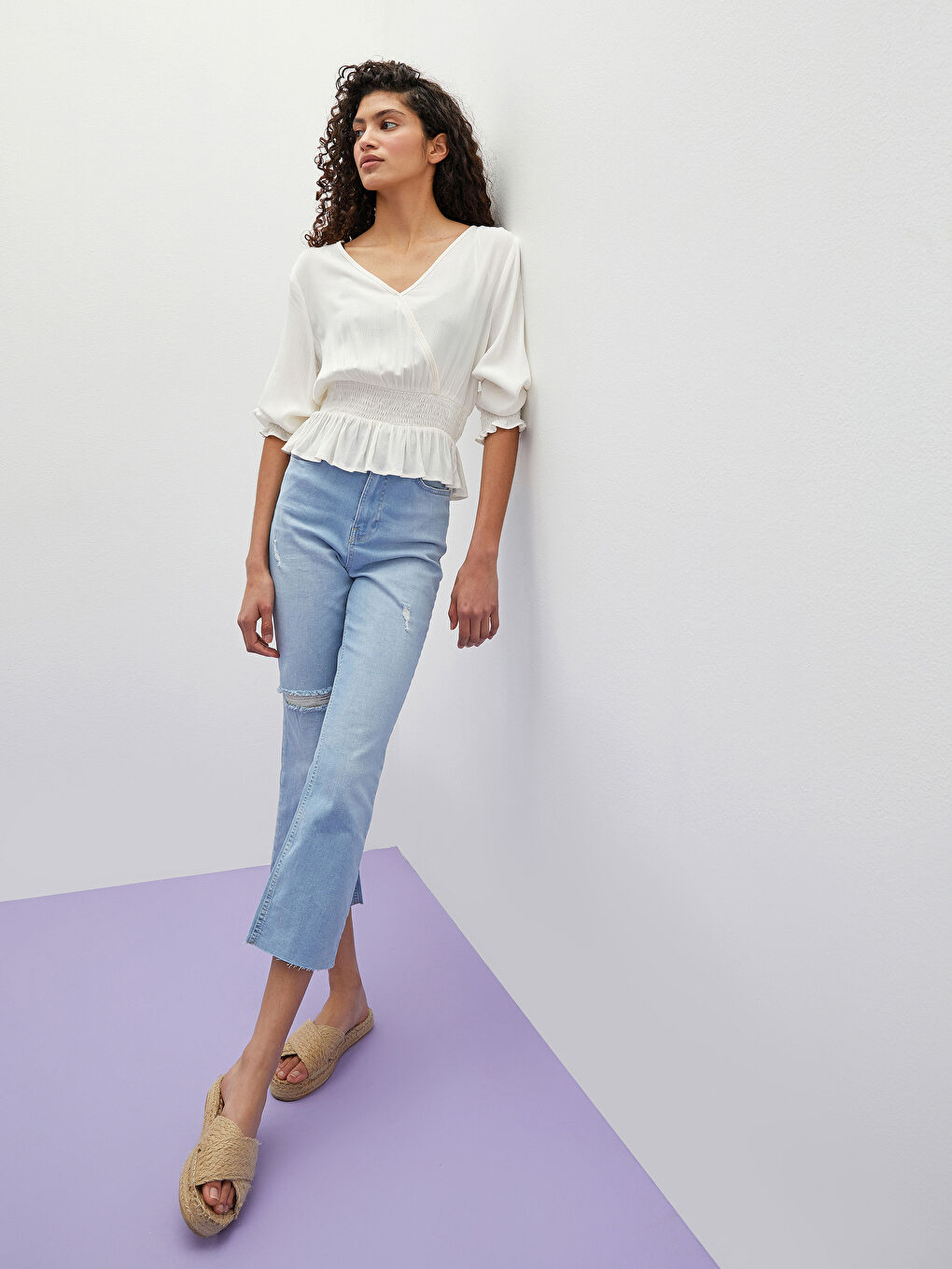 Doppelreihige V-Ausschnitt Gerade Langarm Knitterstoff Frauen Bluse-3