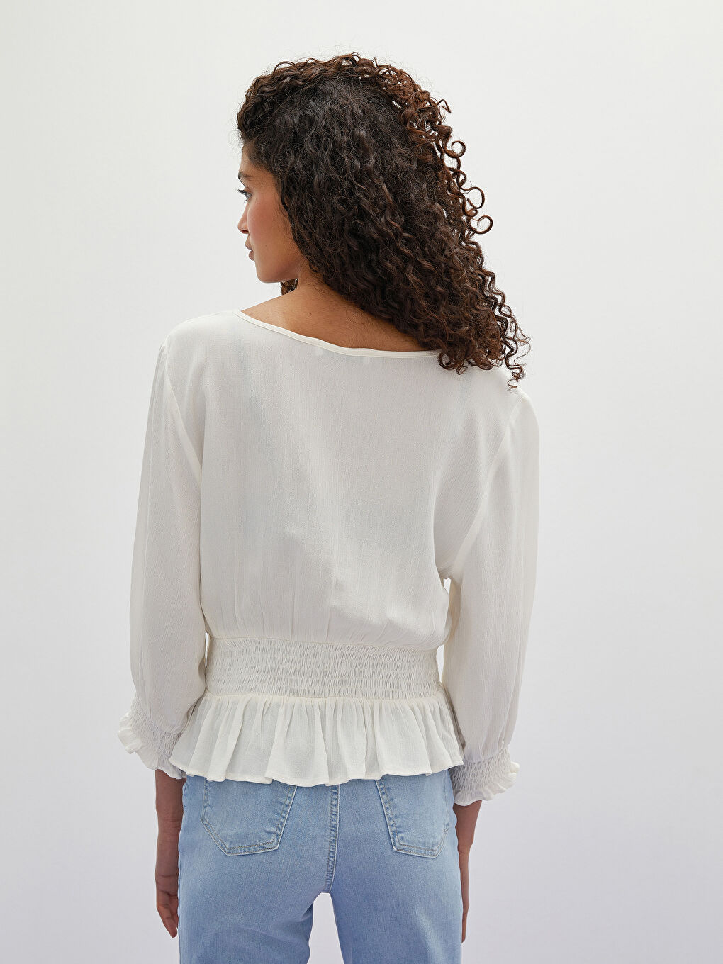 Doppelreihige V-Ausschnitt Gerade Langarm Knitterstoff Frauen Bluse-4