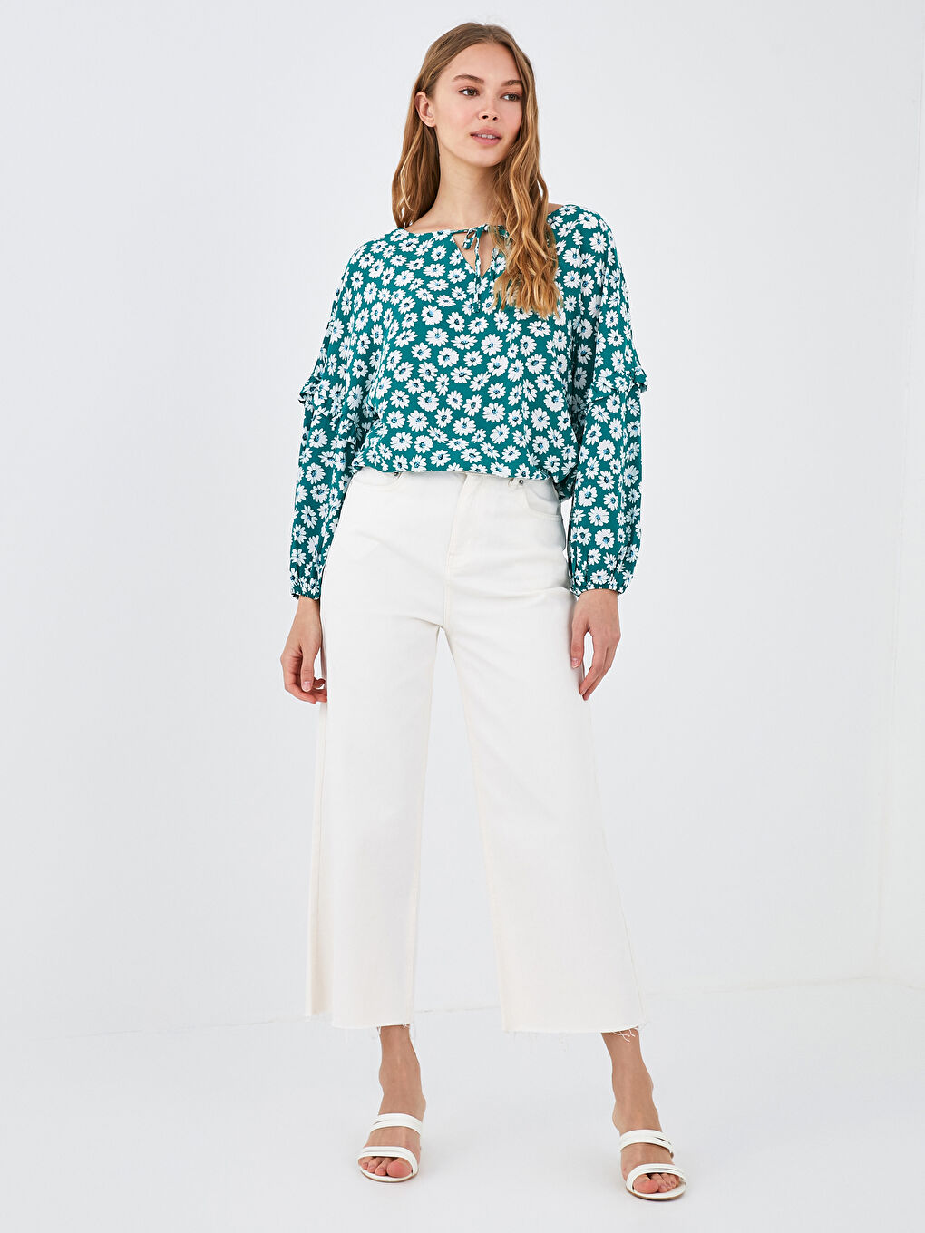 Tie Collar Floral Print Long Sleeve Poplin Women's Blouse-2