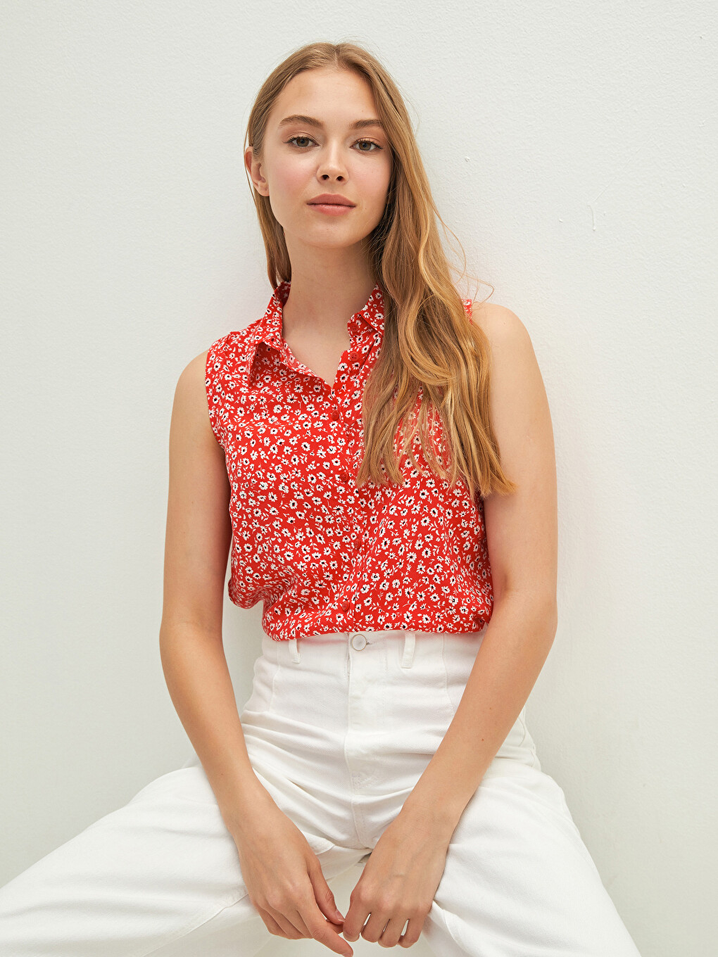 Cămașă Fără Mâneci Din Voal Cu Model Floral Pentru Femei