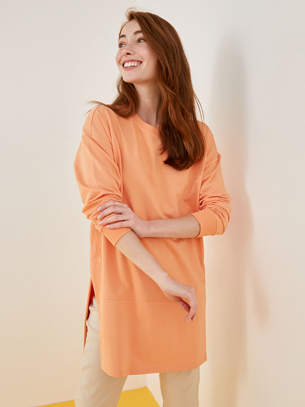 Mercan Bisiklet Yaka Düz Uzun Kollu Kadın Sweatshirt Tunik-3