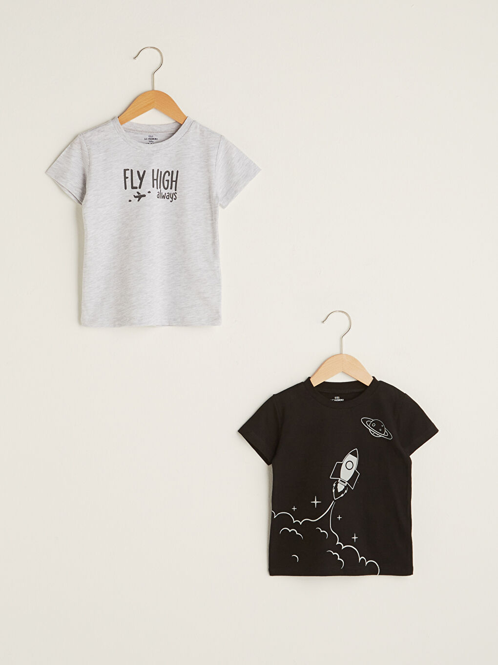 Siyah Bisiklet Yaka Kısa Kollu Baskılı Erkek Bebek Tişört 2'li