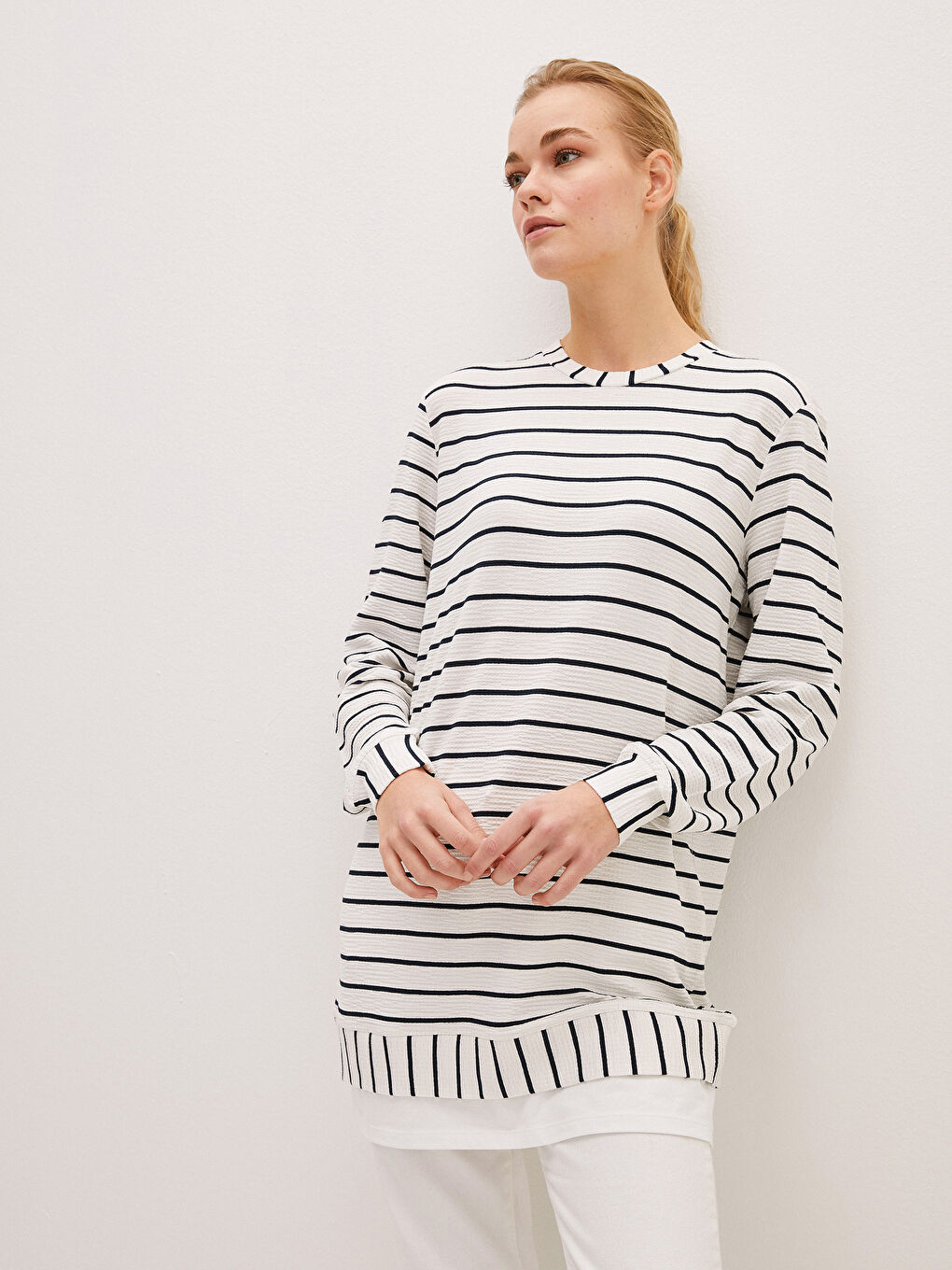 Crew Neck Striped Long Sleeve Women's Tunic