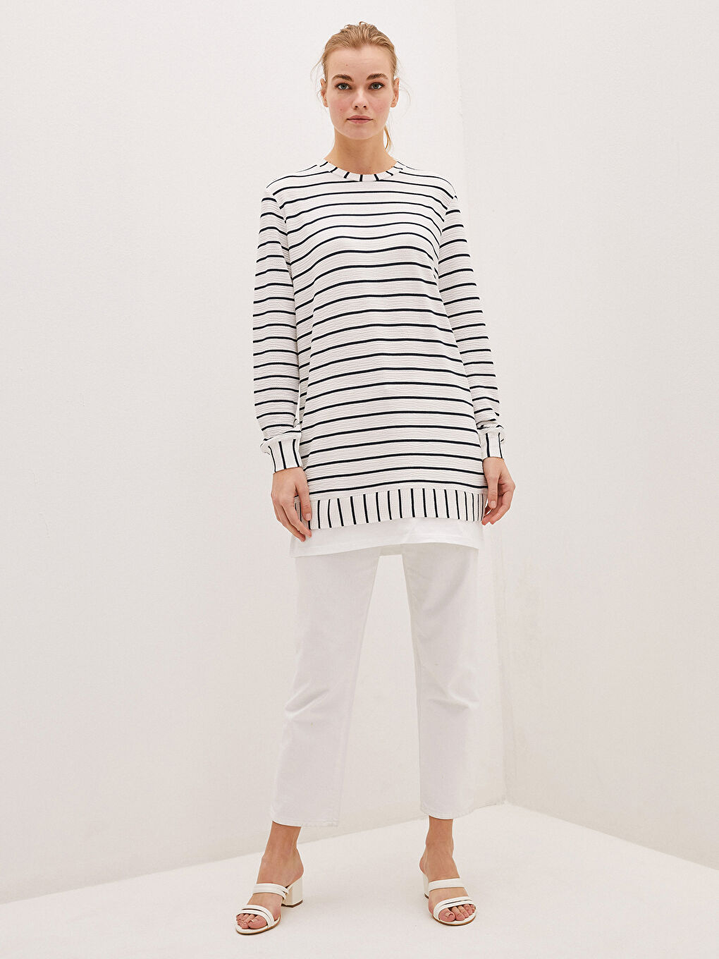 Crew Neck Striped Long Sleeve Women's Tunic-2