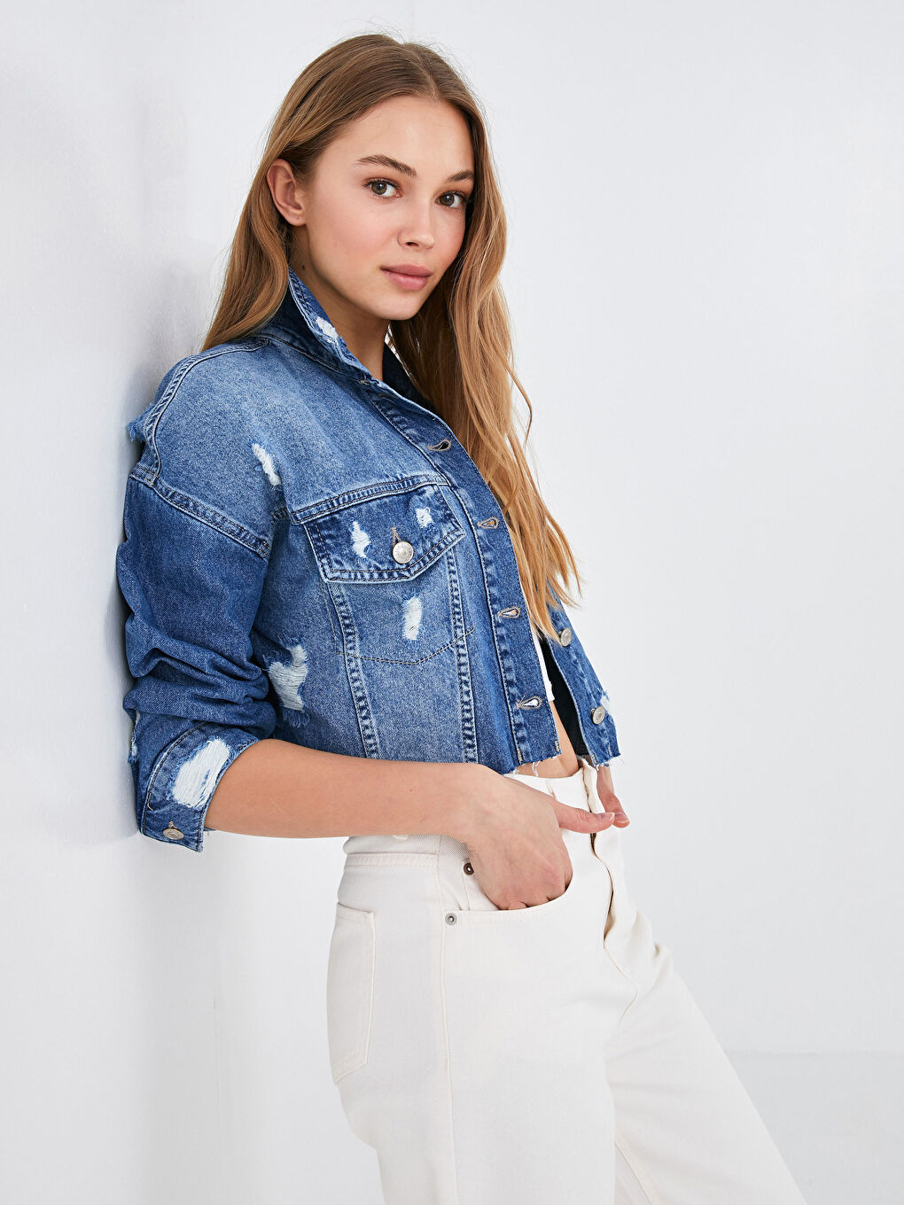 Geacă din denim Rodeo cu guler de cămașă, detalii cu buzunar și mânecă lungă pentru femei-1