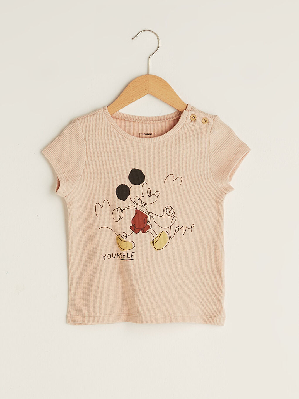 Pembe Bisiklet Yaka Kısa Kollu Minnie Mouse Baskılı Kız Bebek Tişört