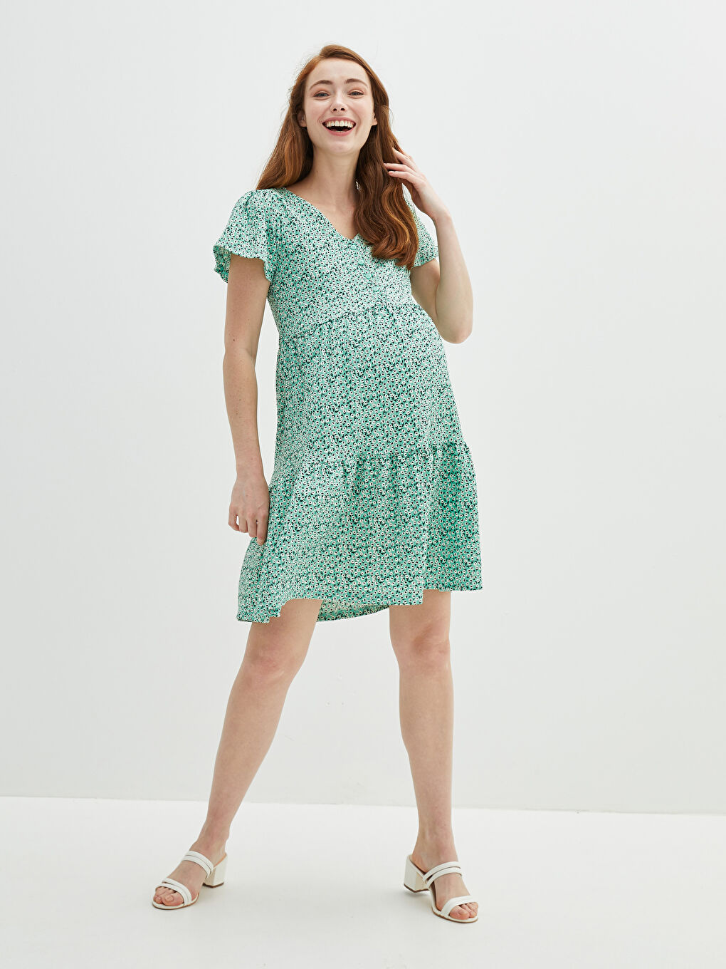 V Neck Patterned Short Sleeve Breastfeeding Crinkle Fabric Women Dress-1