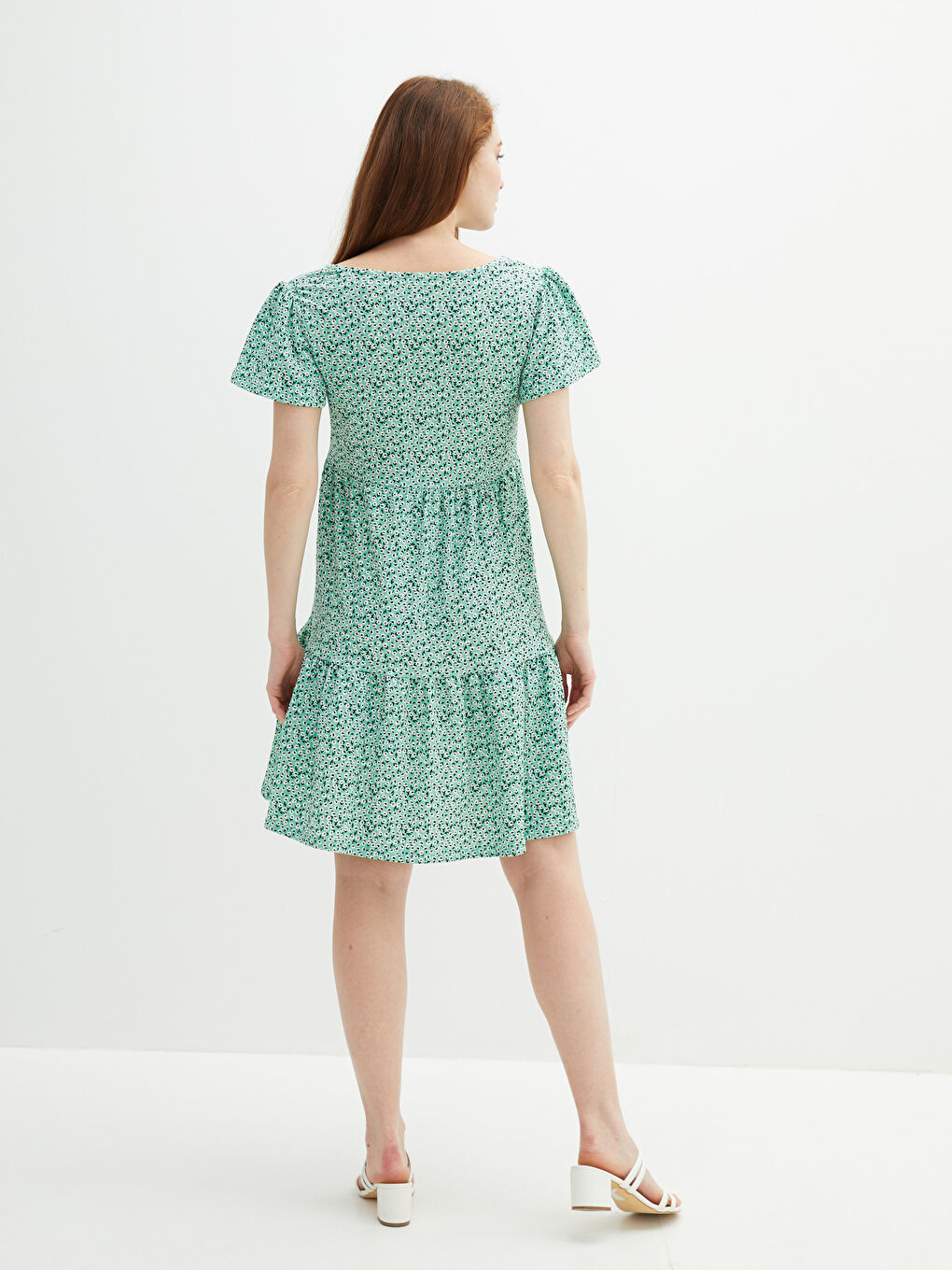 V Neck Patterned Short Sleeve Breastfeeding Crinkle Fabric Women Dress-4