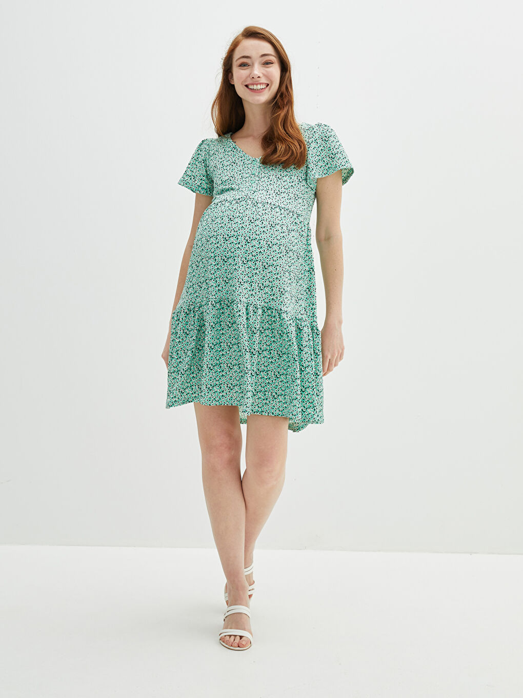 V Neck Patterned Short Sleeve Breastfeeding Crinkle Fabric Women Dress