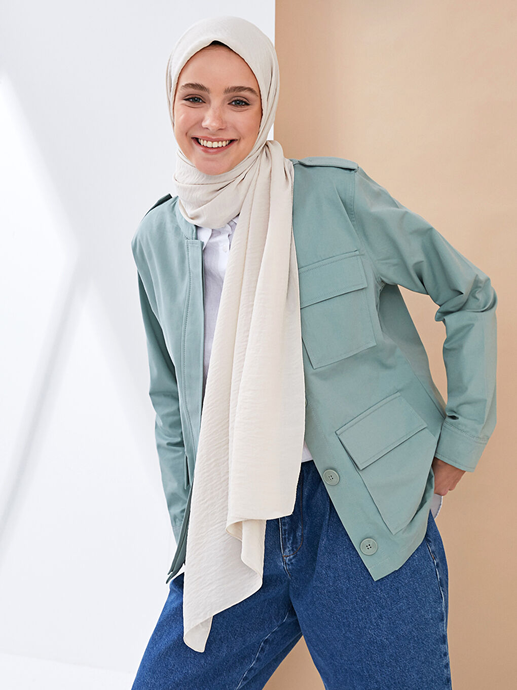 Ekru Kadın Cazz Şal-5