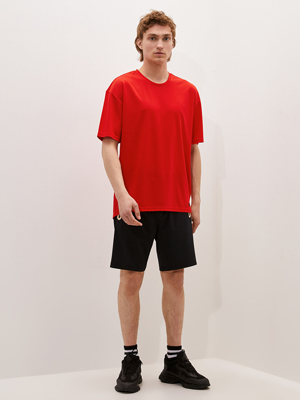 Kırmızı Bisiklet Yaka Kısa Kollu Aktif Spor Erkek Tişört-2