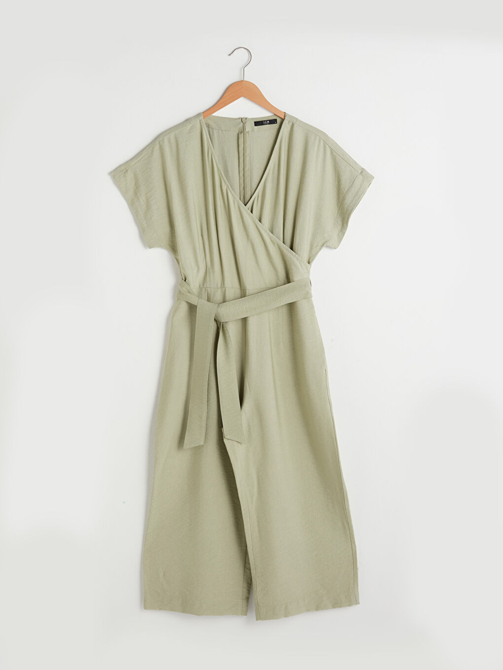 Yeşil Kruvaze V Yaka Kısa Kollu Düz Beli Kuşaklı Kadın Tulum-6