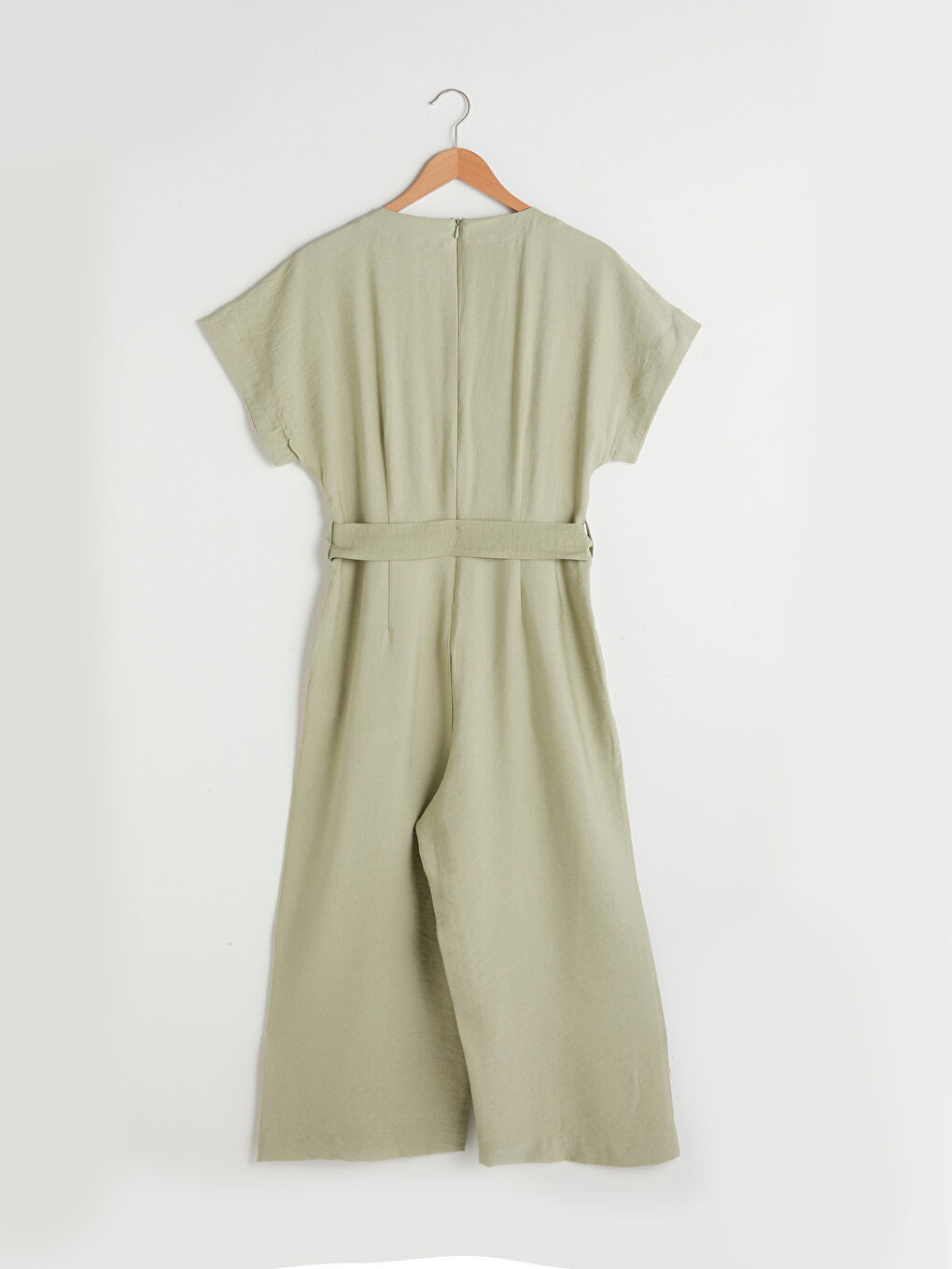 Yeşil Kruvaze V Yaka Kısa Kollu Düz Beli Kuşaklı Kadın Tulum-7