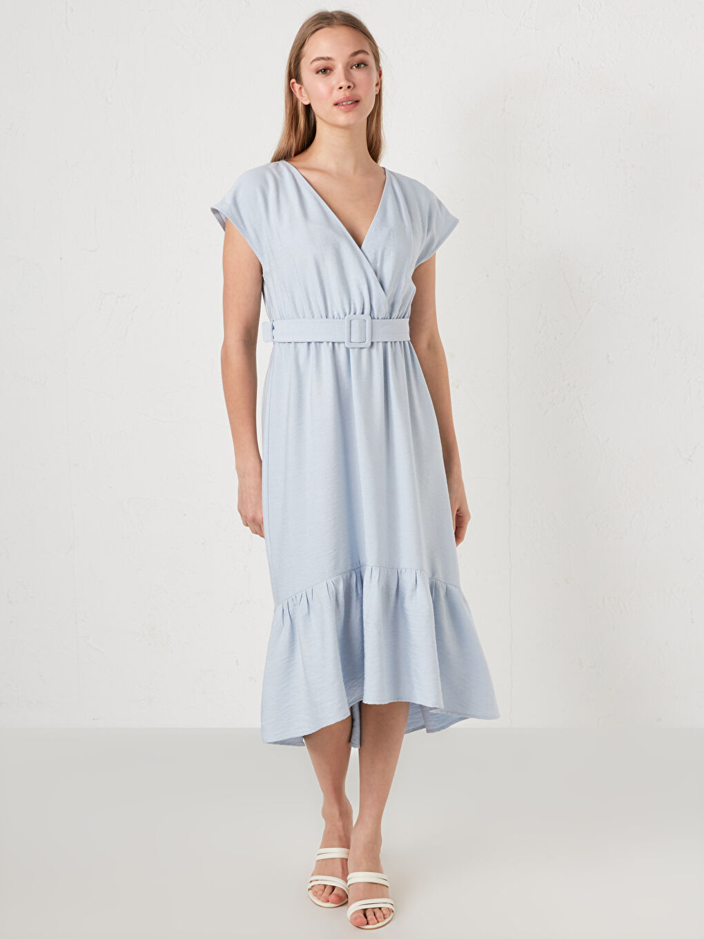 Mavi Kruvaze V Yaka Kemer Detaylı Kısa Kollu Kadın Elbise-2