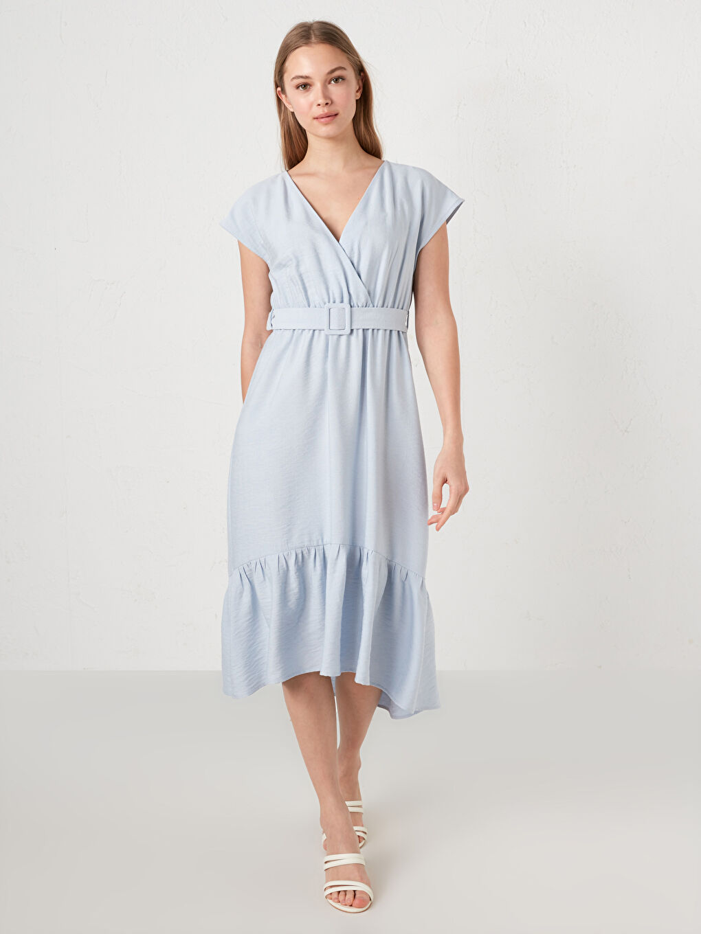 Mavi Kruvaze V Yaka Kemer Detaylı Kısa Kollu Kadın Elbise-3