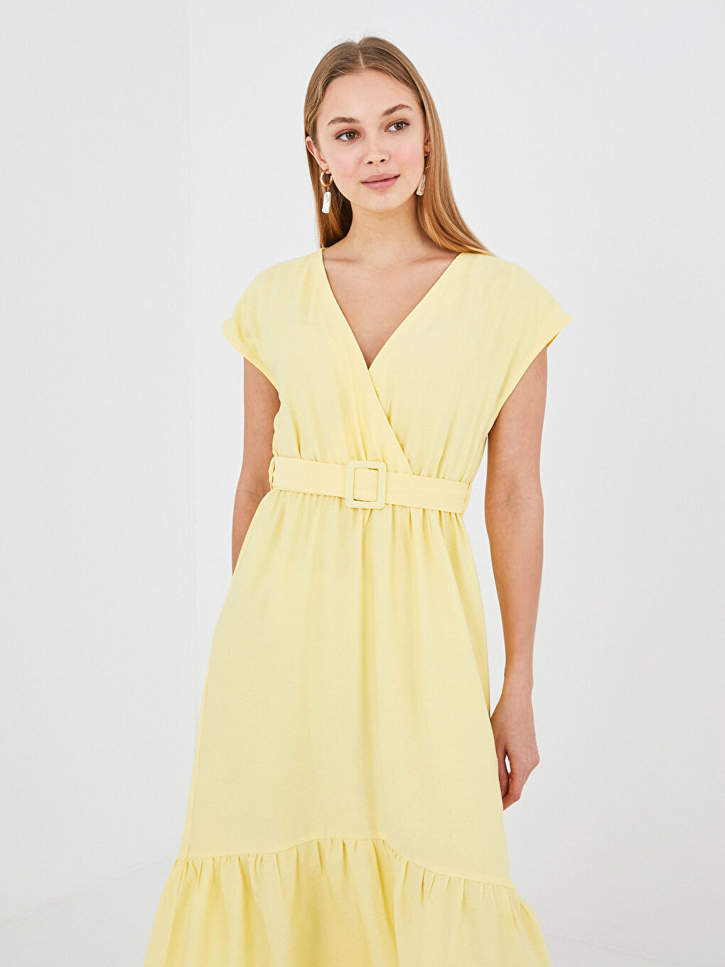 Double Breasted V Neck Belt Detailed Short Sleeve Women's Dress-1