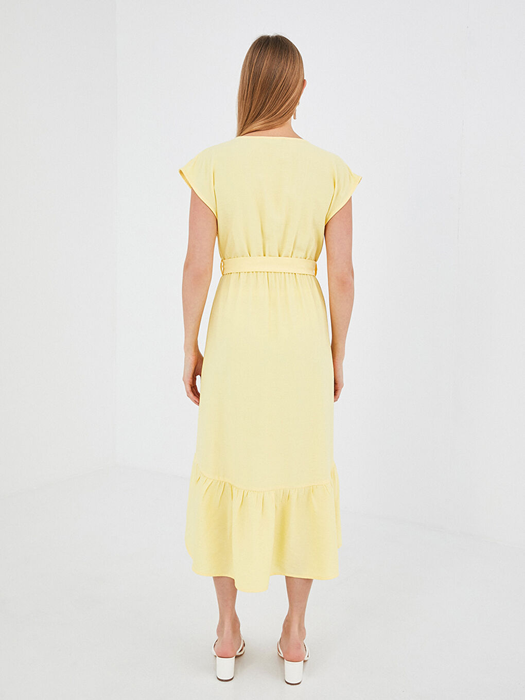 Double Breasted V Neck Belt Detailed Short Sleeve Women's Dress-3