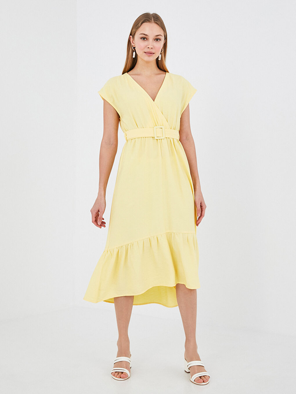 Double Breasted V Neck Belt Detailed Short Sleeve Women's Dress-4