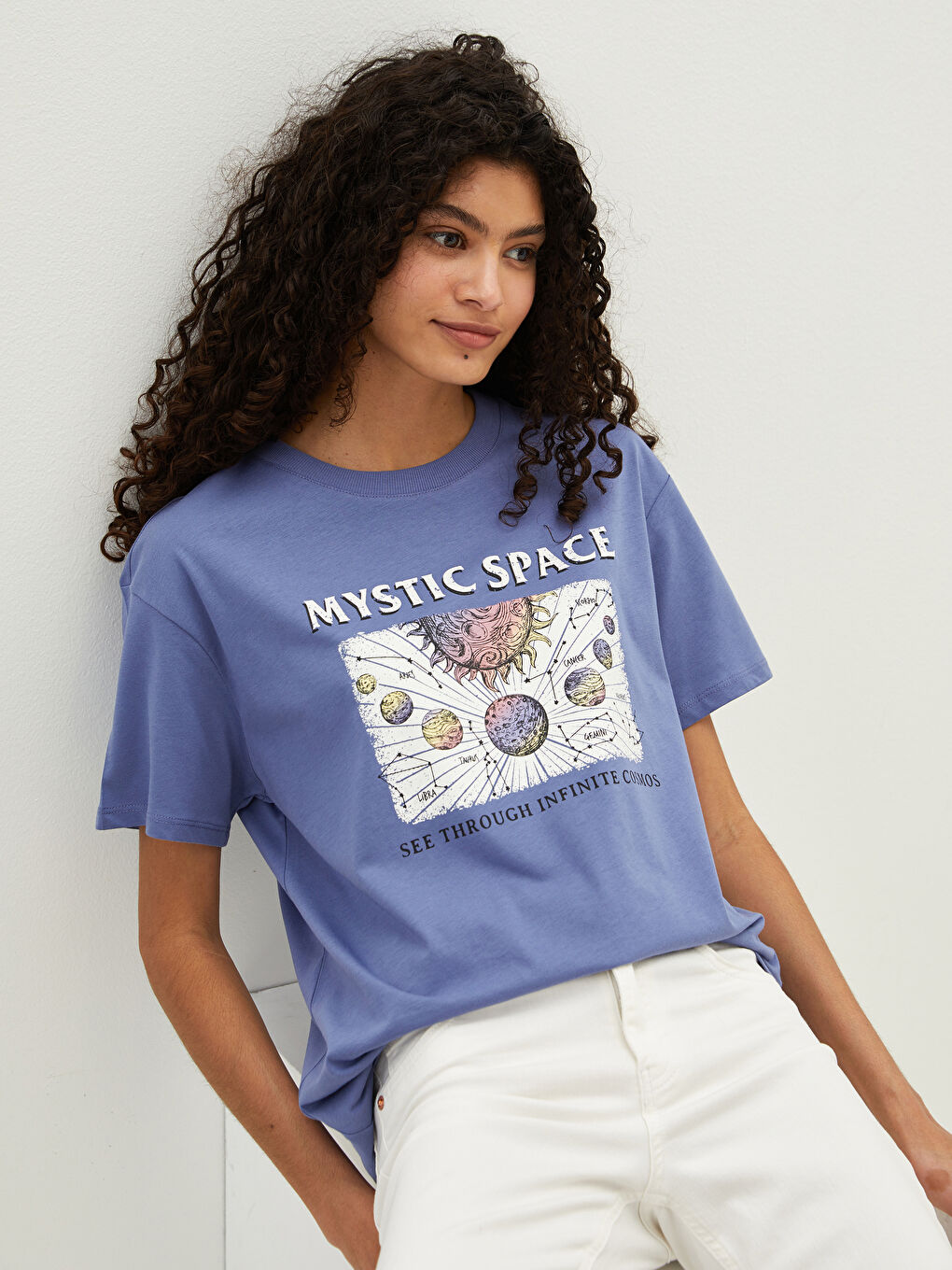 Mavi Bisiklet Yaka Baskılı Kısa Kollu Kadın Tişört-4