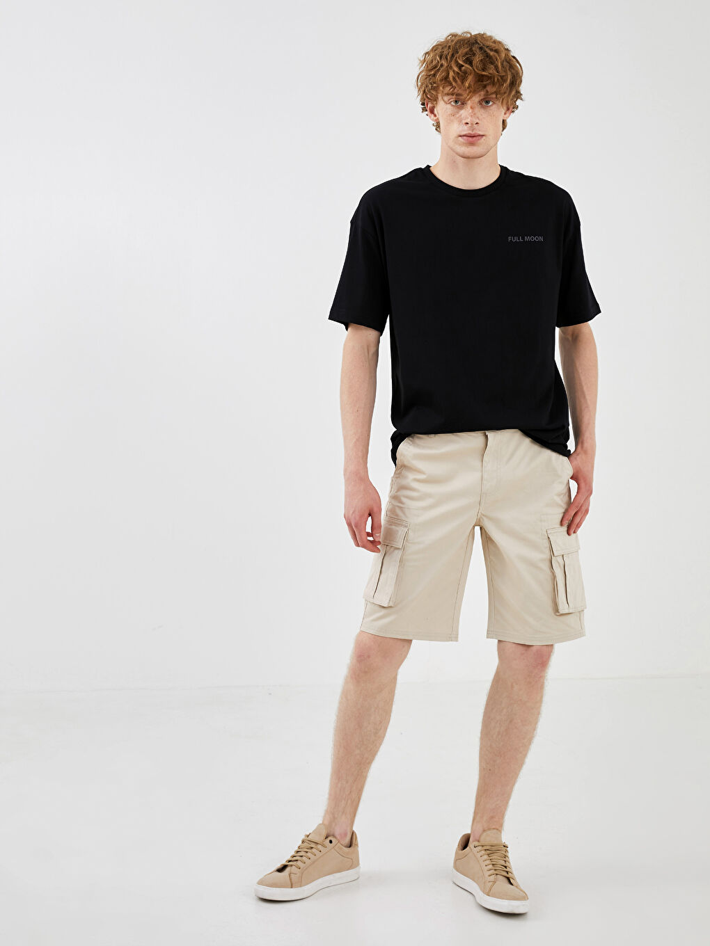 Bej Standart Kalıp Gabardin Erkek Kargo Şort-3