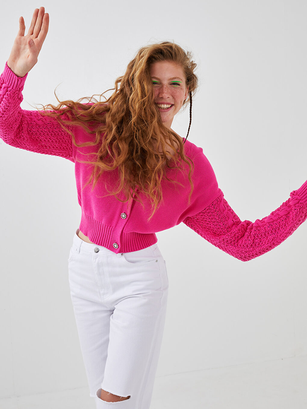 Fuşya V Yaka Kendinden Desenli Uzun Kollu Kadın Triko Hırka-2